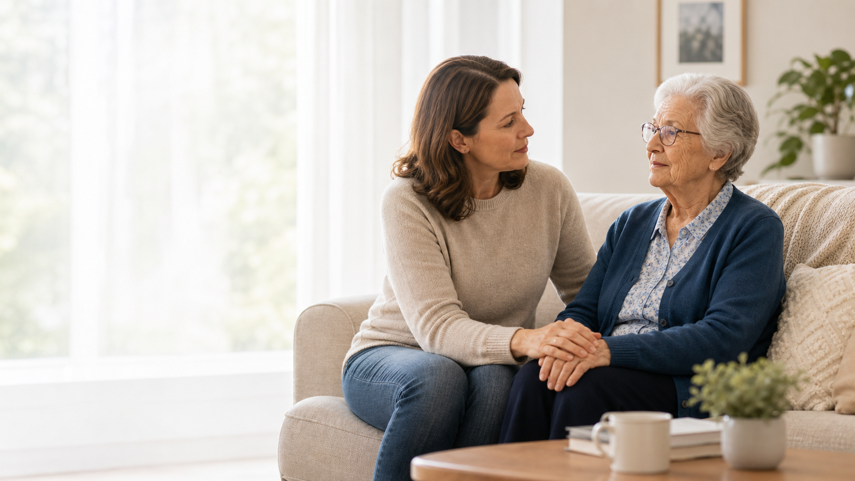 Adult child sitting with an elderly loved one